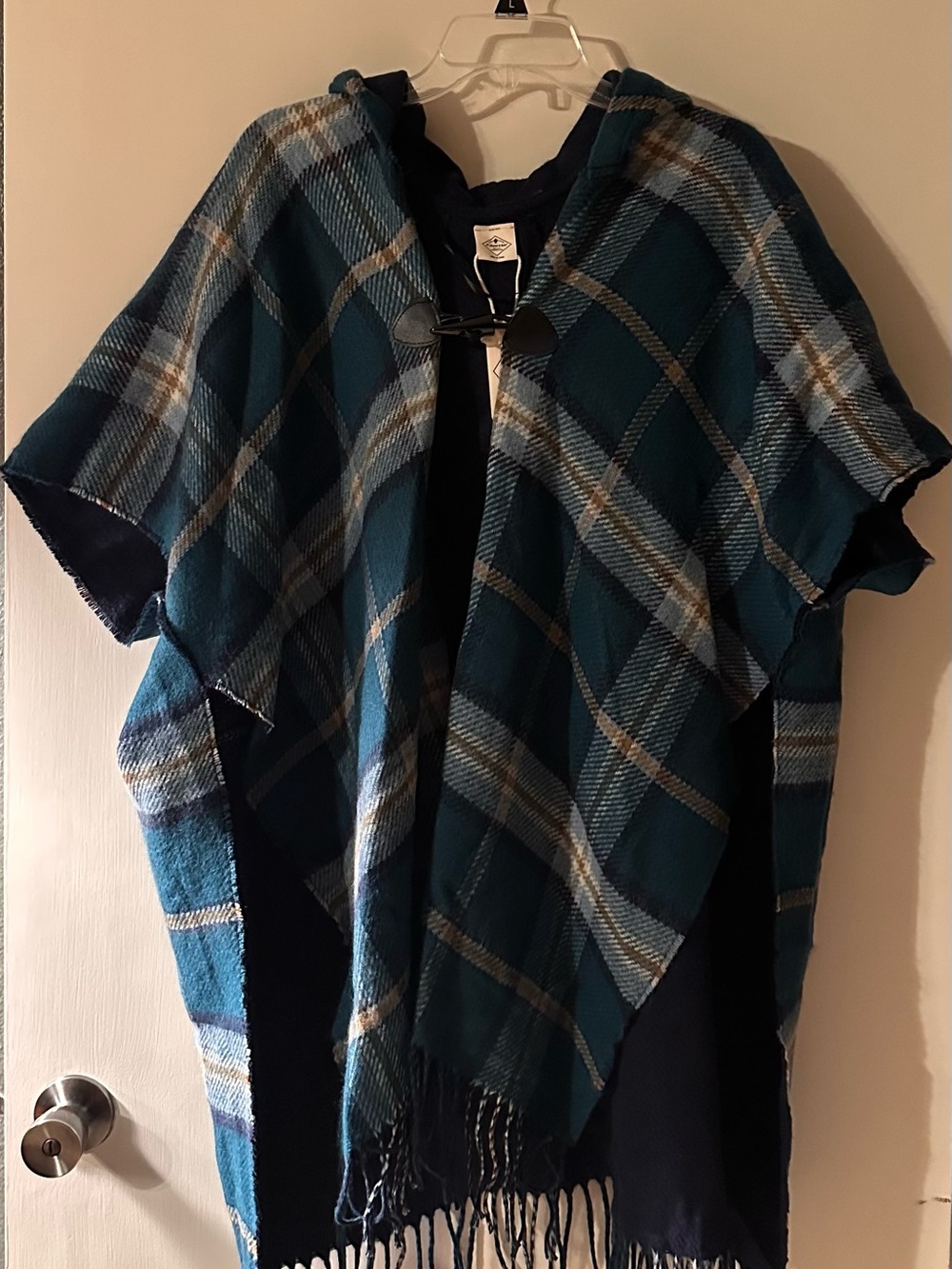 St. John's Bay Blue & Teal Plaid Hooded Toggle Poncho